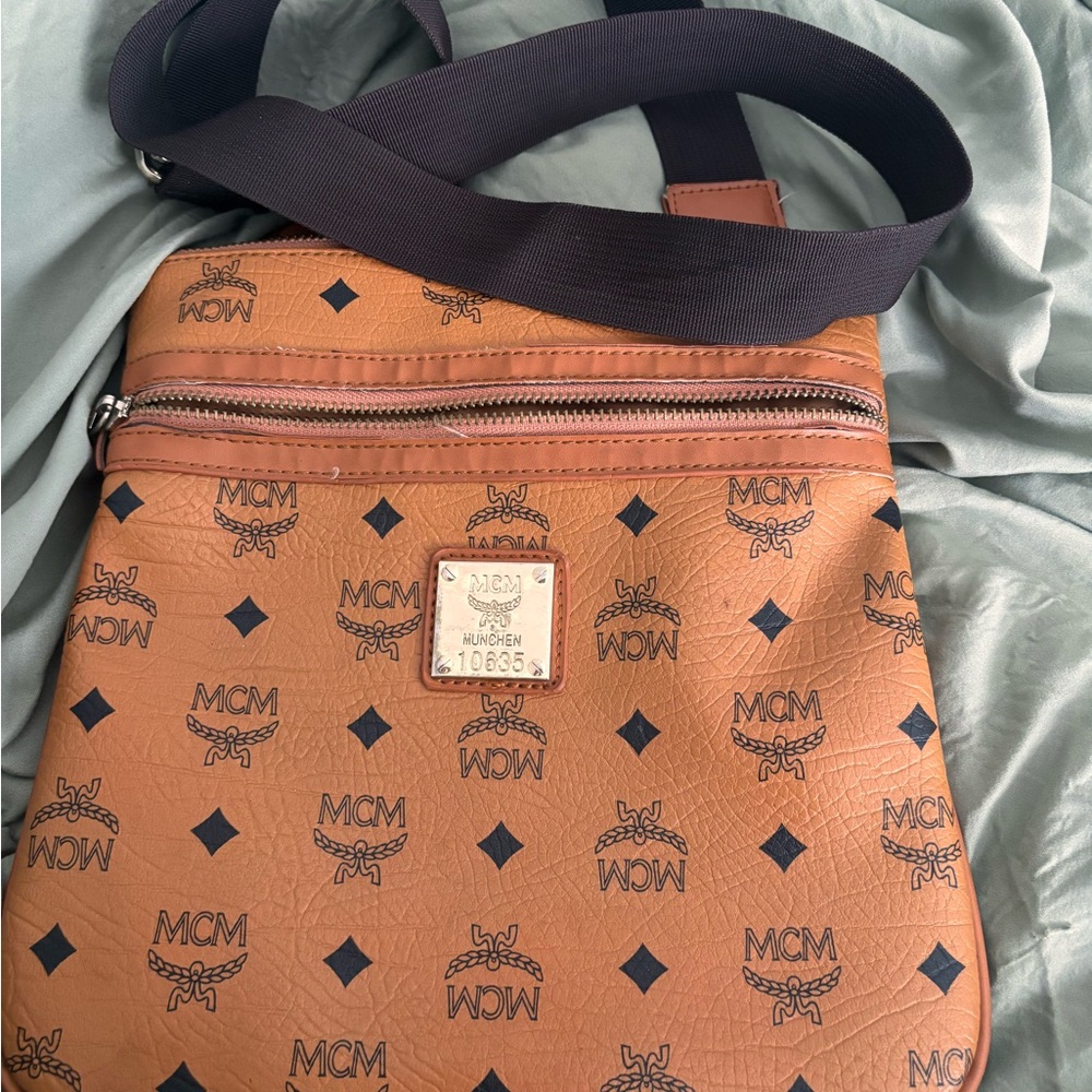 MCM Brown Messenger Bag with Iconic Logo Pattern